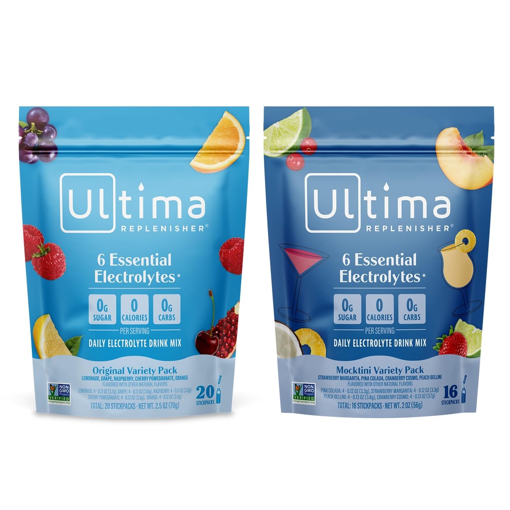 Ultima Replenisher Daily Electrolite Powder Mix - Sugar Free - Mocktini Variety and Original Variety, 36 Stickbags - Paket Hidration dengan 6 Electrolite dan Minement- Keto, Non-GMO