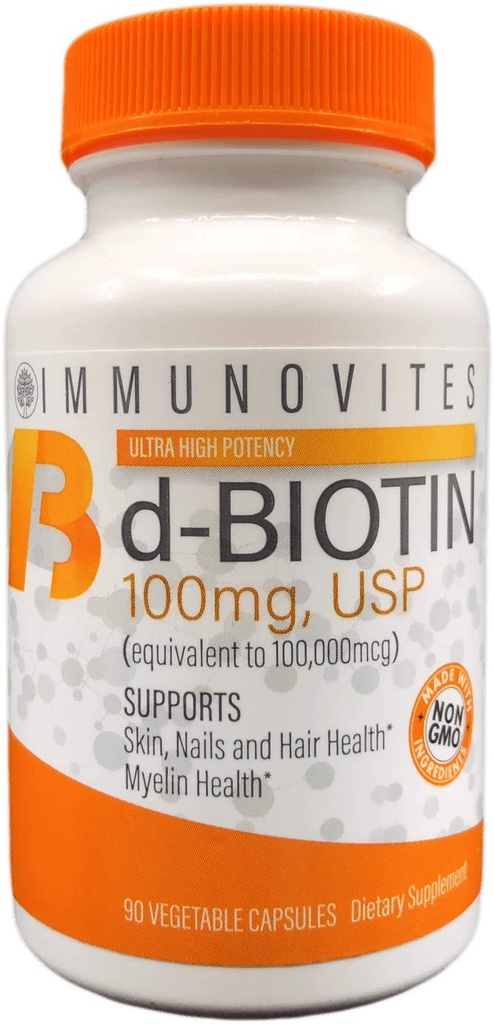 IMMUNOVITES High Dose Biotin (sebagai d-Biotin, USP) 100mg (Sama dengan 100,000mcg) 90 Capsules, Potensi Tinggi