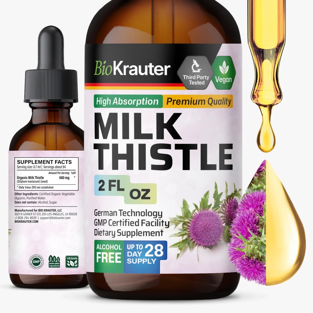 BIO KRAUTER Milk Thistle Drops - Milk Thistle Silymarin Liver Suplemen - Alkohol & Sugar Free Tincture untuk Detox Cleanse - 2 Fl. Oz.