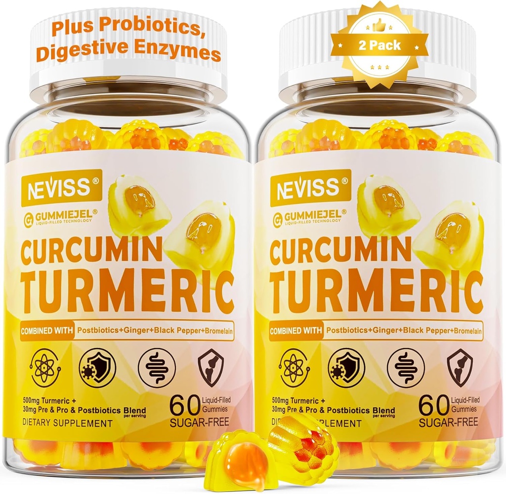 Sugar Free Turmunic Curcumin Filled Gummies 550mg for Adults, Ginger & Black Pepper 124; 95% Curcuminoid w / Prebiotic Probiotic & Postbiotic Blend, Dukung, Imune & Digetives Health, Vegan, 2Pack