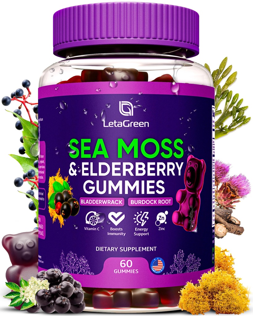 Irish Sea Moss Gummies - Bladdercrack Burdock Root Elderberry Vitamin C & Zinc - 60 Vegan Seamoss Gummy untuk Dewasa Anak-anak Perempuan - Multimineral Elderberry Vitamin