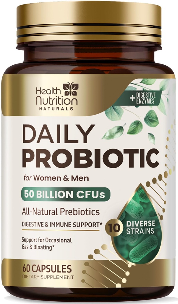 60 Milyar CFU + 10 Strains - Daily Probiotic Lacleillus Blend for Imune, Digetical & Gut Health Support, Pregories and Progories, Gas & Bloating for Women & Men - 60 Kapsul