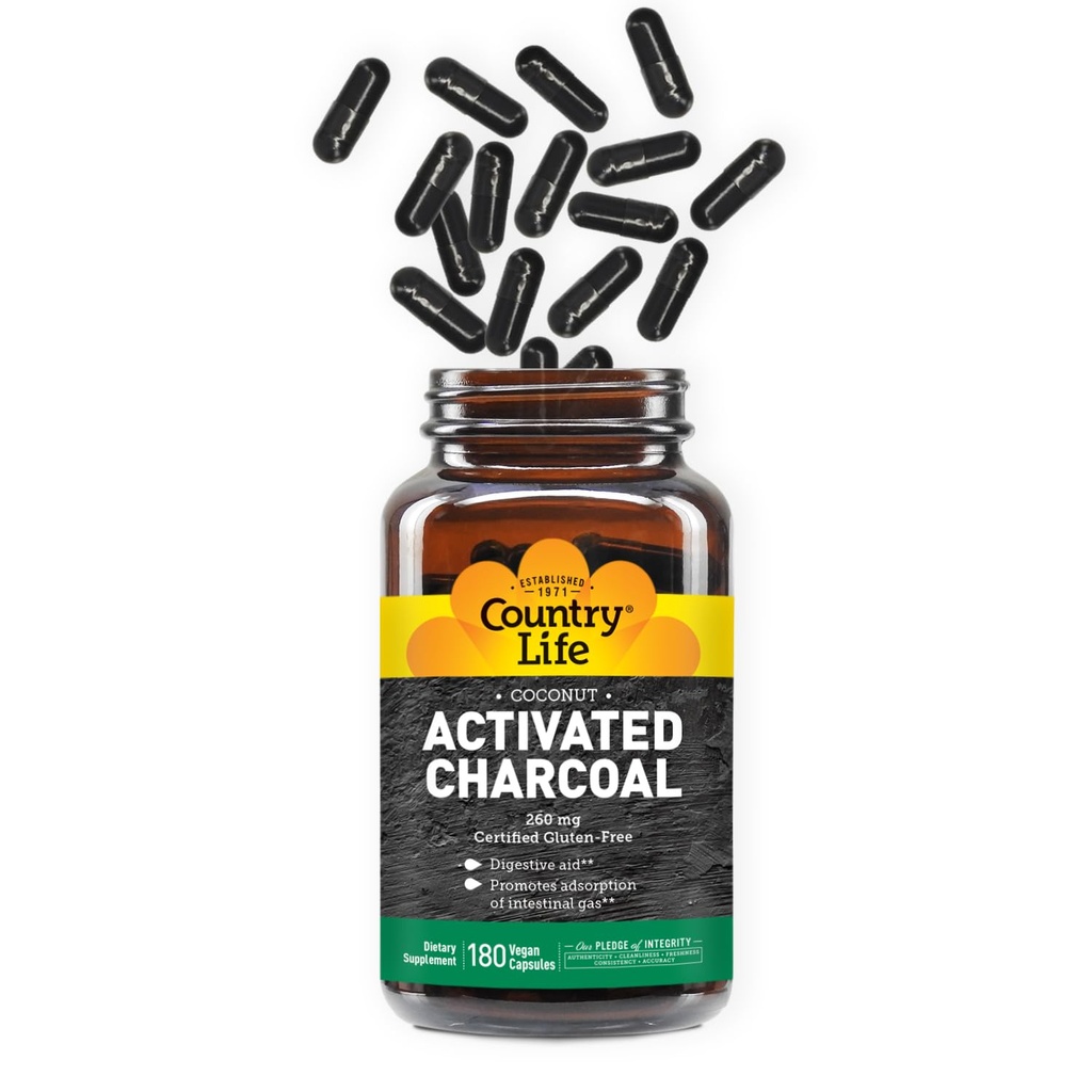 Country Life Activated Organic Coconut Charcoal Capsules, 260mg