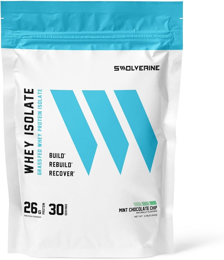 Swolverine Whey Protein Isolate 124; 26g Protein, Grass-Fed rBGH Free, Non-GMO, Added Digetical Enzymes (30 Pelayan, Mint Chocolate Chip)