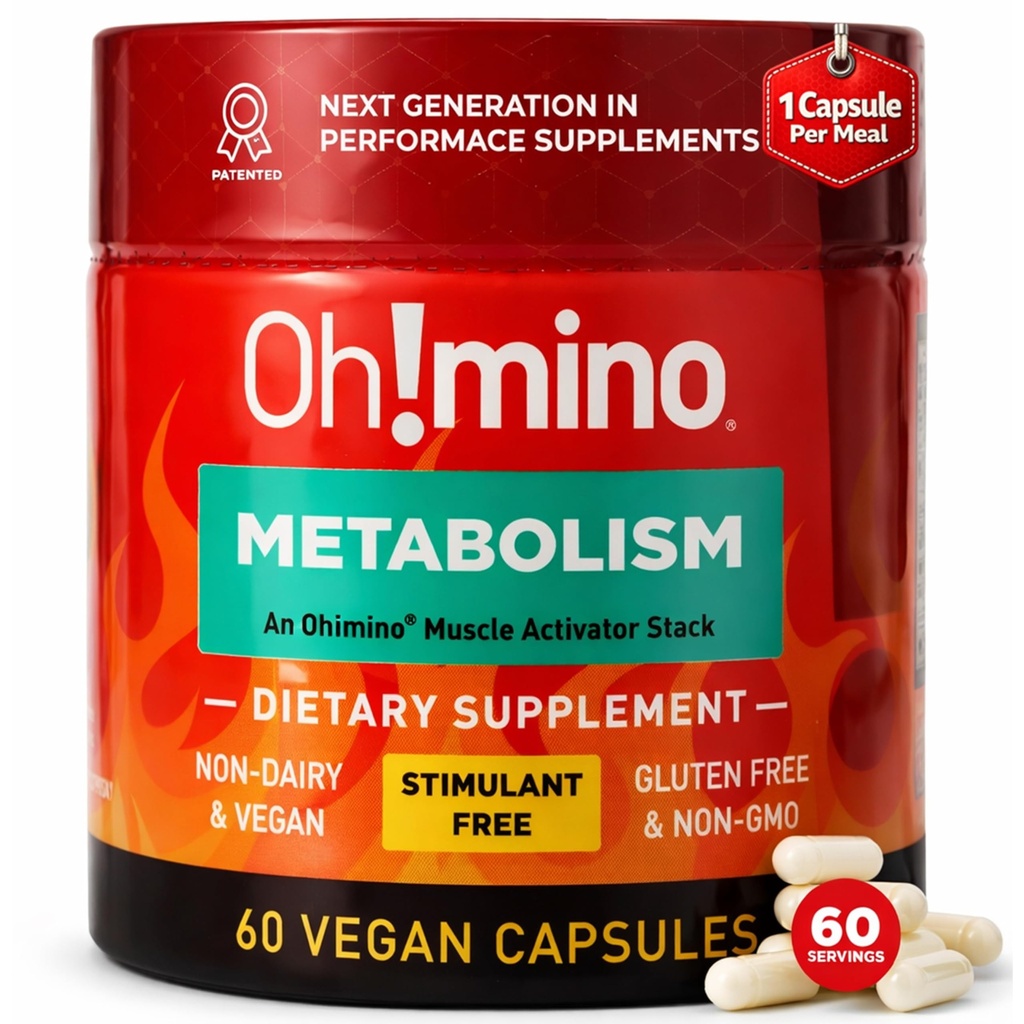 Oh! mino Metabolism Suppplement for Eefisien Fat to Energy Conversion w / L- Carnitine, Phenylcapsaicin, & Vitamin B3 - Non-Jitters, Stimulant - Free, Vegan, Non-Dairy Capsules (60 Pelayan)