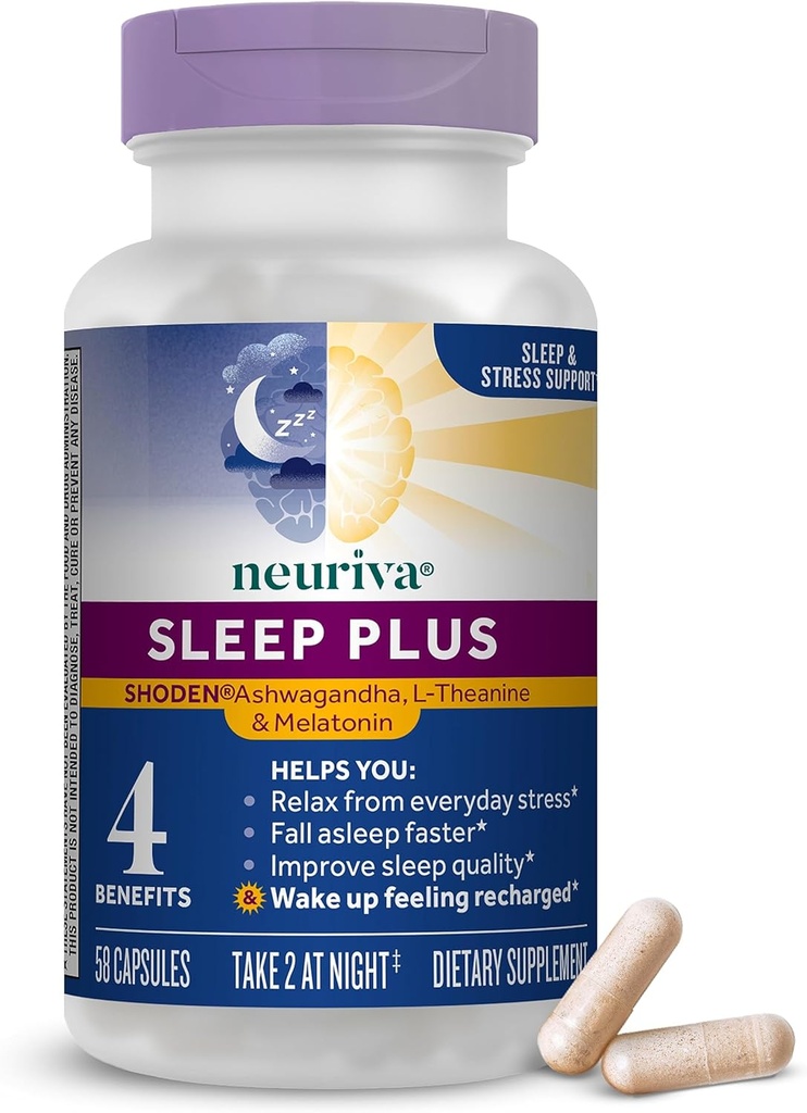 NEURIVA Sleep Plus dengan 4 in-1 Benefits - Clinically Teruji Ashwagandha, L- Theanine & Melonasin - Mengurangi Stress, Fall Asleep Lebih Cepat, Improve Sleep Quality, Wake Up Refreshed *, 58ct Capsules