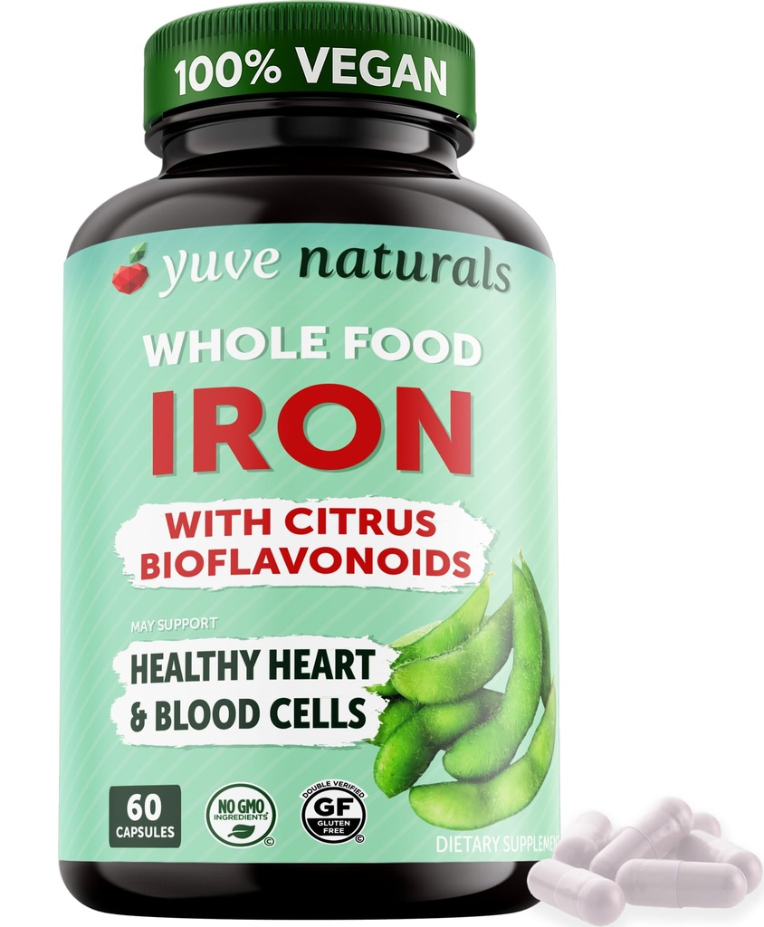 Muve 100% Vegan Whole Food Cheriated Iron Suplement 18mg - Tastless, Non- Constipating, Gentle on Stomach, Energy Support - Free, Non- GMO, 60 Capsules