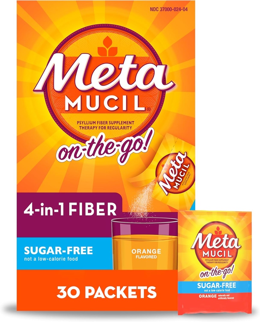 Metamucil On- TheGo, Psyllium Husk Fiber Suplement, 4-1 Fiber for Digetical Health, Sugar Free, Orange Flavor, 30 Count x 2 Packs (60 Count Total)