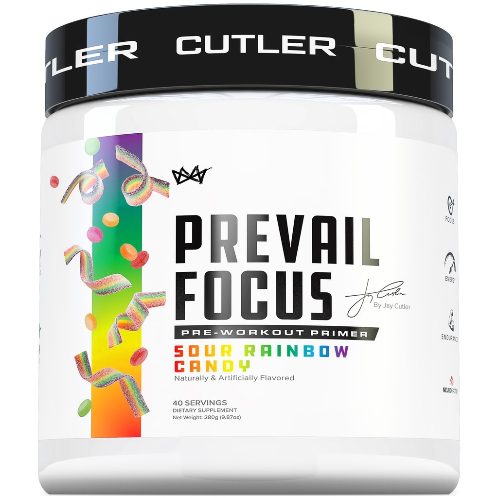 Prevail Pre Workout Powder with Nootropics: Pre-Workout Drink for Men and Women, Cutting Edge Energy and Focus Suplement with L Citrulline, Alpha GPC, L Tyrosine 124; Sour Rainbow Candy, 40 Scoops