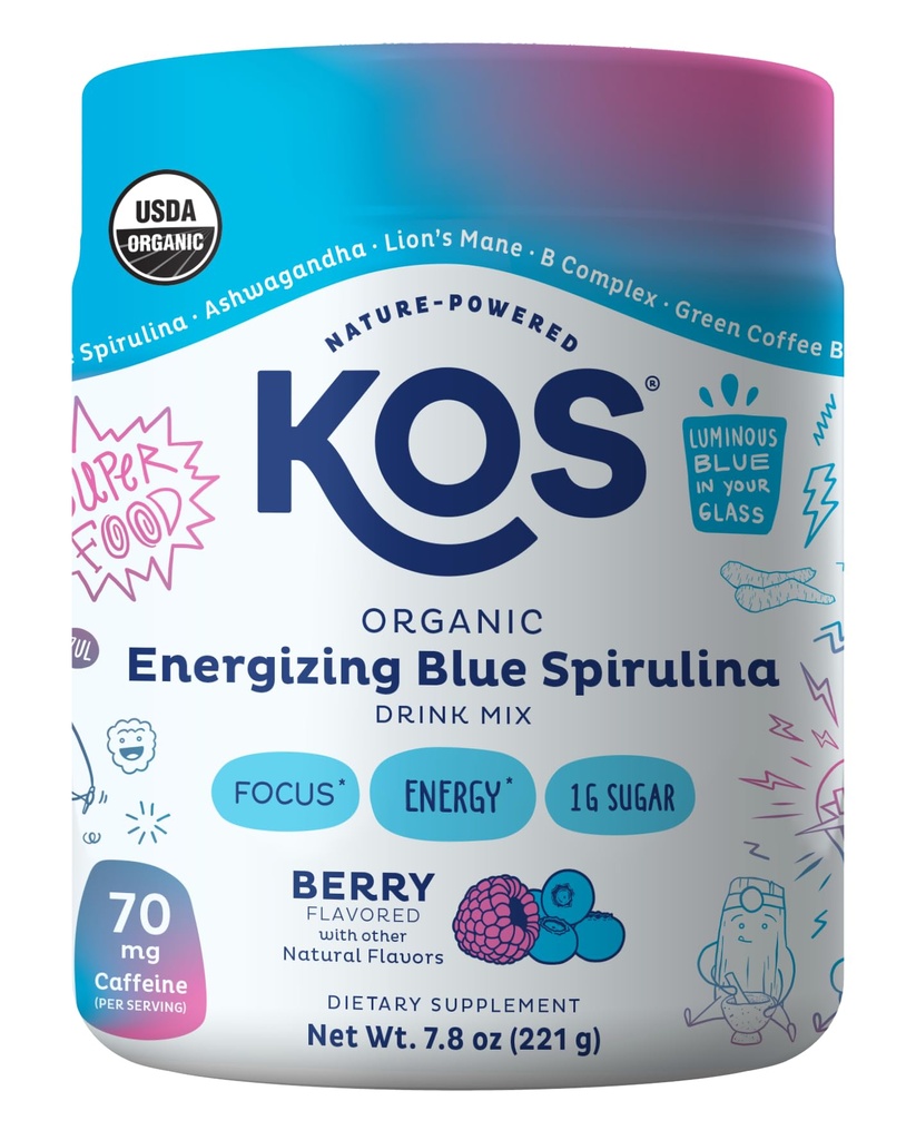 KOS Energizing Blue Spirulina Blend - USDA Certifikasi Organik - B Vitamin, Ashwagandha, Ginseng, Adaptogens, Biotin - Vegan Pra Workout Powder - Caffeinated, Berry Flavored, 28