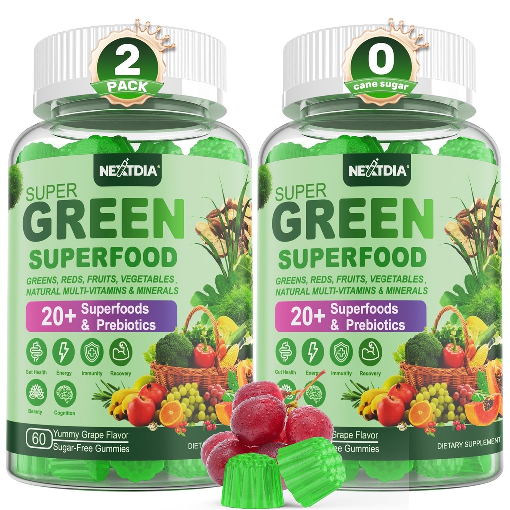 Super Greens Gummies, Greens Superfood Powder Alternative w / Spirulina, Chlorella, Prebiotic Fiber, Probiotic, Veggie Buah, Daily Fruit Vatable for Digetical Health, kekebalan, Fokus, 120 Cts