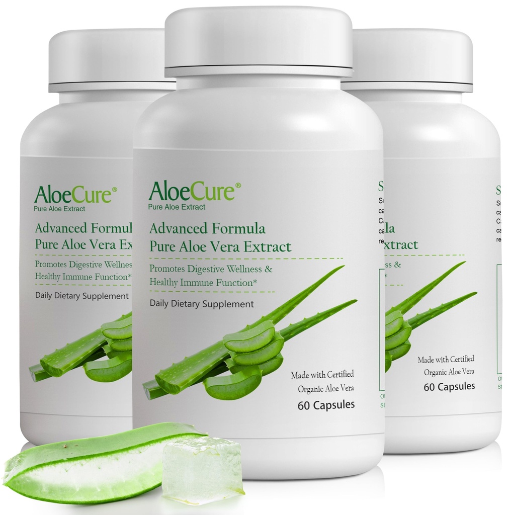 AloCure Organic Aloe Vera Capsules, 1600000mg Inner Aloe Equalovalen per Serving, Dut, Digetical, & Imune Health, Membantu Mempertahankan Acidity Balance, Aloin Free, 60Caps x 3BTl