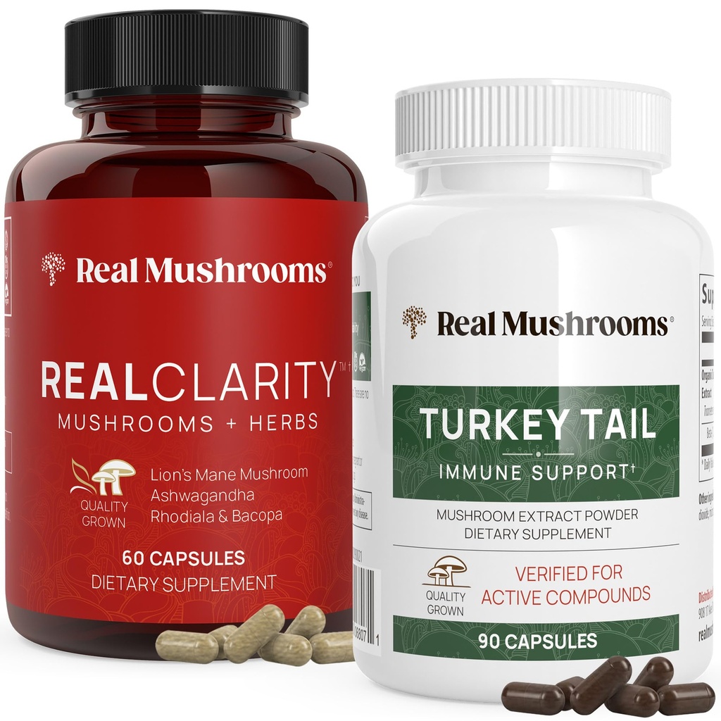 Jamur Real Reality (60ct) dan Turkey Tail (90ct) Capsules Bundle - Mushroom Suplemen Mental Clarity, Fokus & Imune Dukungan - Vegan, Non- GMO, Diverifikasi Levels Beta- Glucan