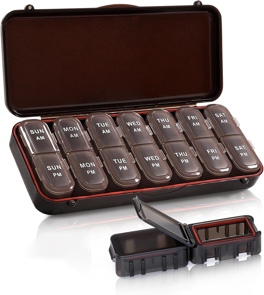 Pill Organizer 2 kali sehari, Weekly Travel Case for Vitamin, Fish Oils + 2 Detacingle Cute Box (Brown)