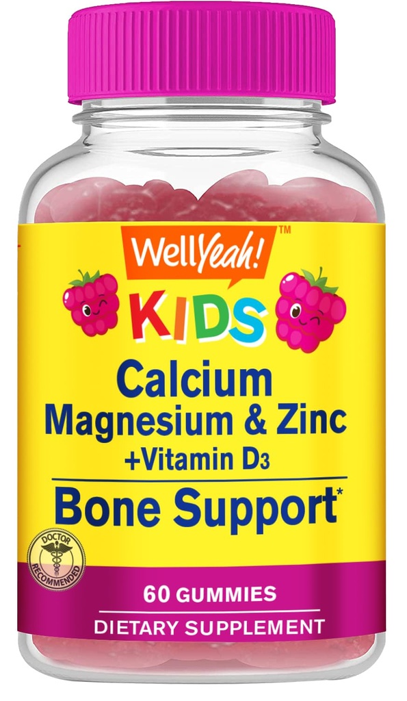 Anak-anak Kalsium, Magnesium, Zinc + Vitamin D3 Gummies oleh WellYeah 124; Bone, Muscle and Nerve Health Support 126; untuk Pria dan Perempuan 124; Gluten Bebas, Non GMO 124; Raspberry Flavor 124; 60 Count