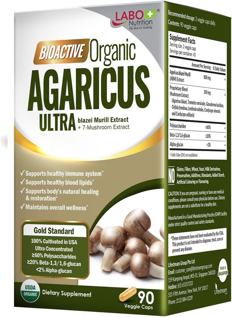 Nutrition Bioactive Organic Agaricus Ultra - 7 Mushroom Extract Agaricus blazei Murill Cordyceps, Maitake, Turkey Tail, Lingzhi, Shiitake untuk Advane Advance Immune Dukungan, USDA Organik