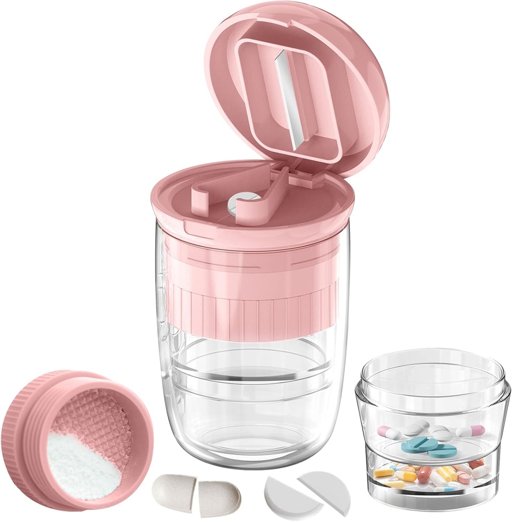 Pill Cutter Splitter with Dispenser, Pill Cutter for Small or Large Pills, Crushes Pill, Vitamin, Tablet, Snainless Steel Blade, Removable Drink Cup (Pink- 1)