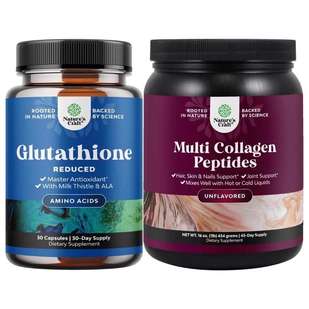 Bundle of Reduced Glutathione Suplement with Milk Thistle - 500 mg per Serving Pure L Glutathione dan Multi Collagen Protein Poader - Keto Hydrolyzed Collagen Peptides Peptides Hair Skin & Nails Vitamin