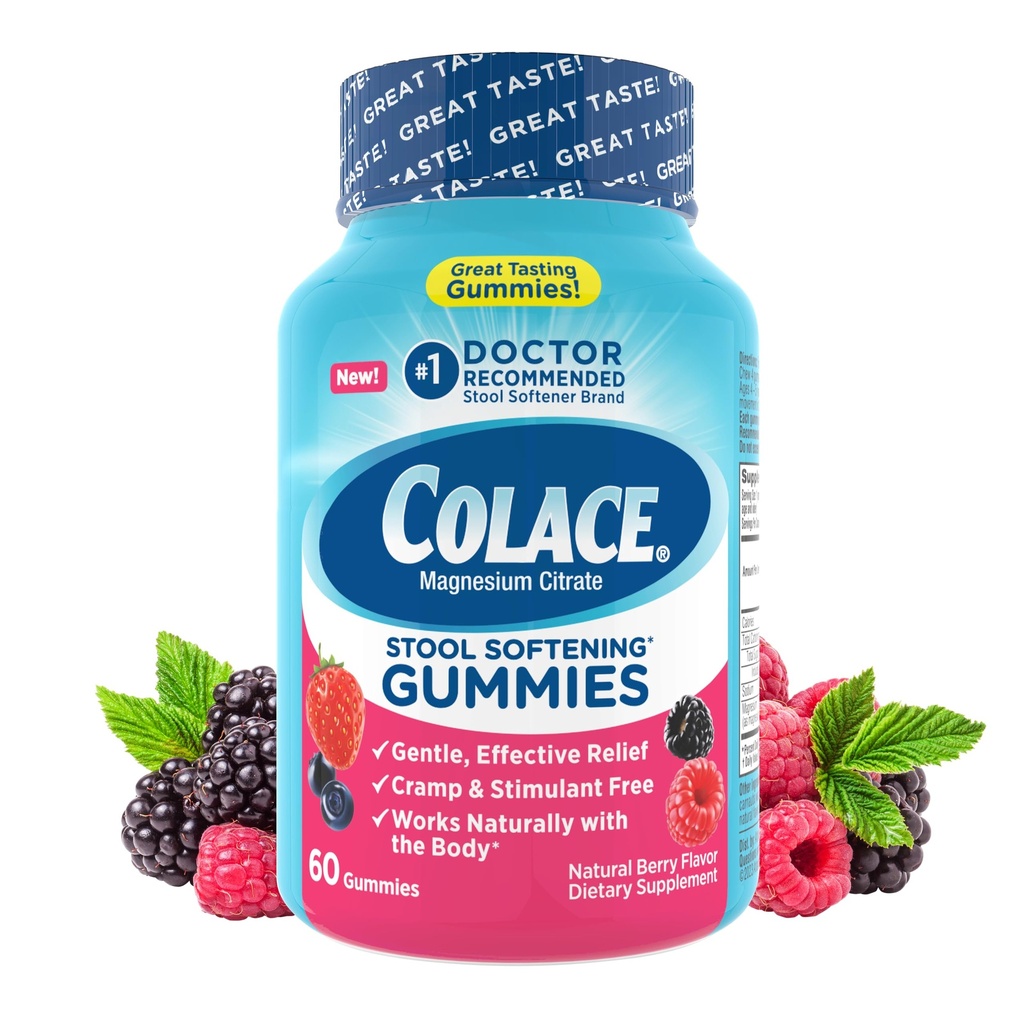 Colace Stool Softtener Gummies, Gentle Dependable Constipation Relief Magnesium Citrate Gummies, No.1 Doctor Rekomendaded Stool Softer Brand, Berry Flavared 60ct