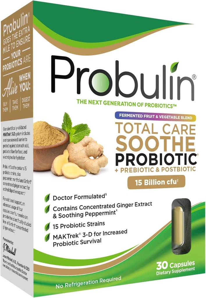 Probulin Total Care Soothe Prebiotic, Probiotic and Postbiotic + Ginger & Mint for Digetical Soothing - 15 Milyar CFU - 15 Strains - 30 Vegan Capsules