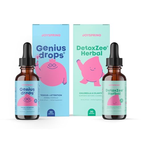JoySpring Genius Drops & DetoxZee Herbal Bundle 124; Anak-anak Vitamin Natural Sourced, Non-GMO, non-Alcolic Liquid Formula, Imunity Health Dukung 124; Vegan & Vegetarian Suplemen