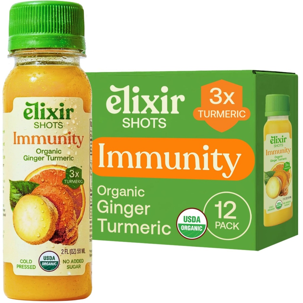 Elixir Shots, Imunity Boost Wellness Shot with Cold- Menekan Turmeric, Ginger, Orange dan Black Pepper, No Added Sugars atau Ingrediers Articial, 12- pack