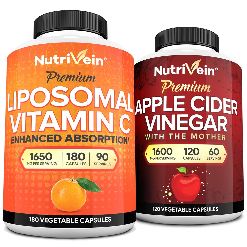 Nutrivein Premium Apple Cider Vinegar Capsules & Lipomal Vitamin C Bundle: Tinggi-Absorpsi Vitamin C Capsules & Apple Cider Vinegar Suplemen Bundle for Immune Defenises & Gut Health