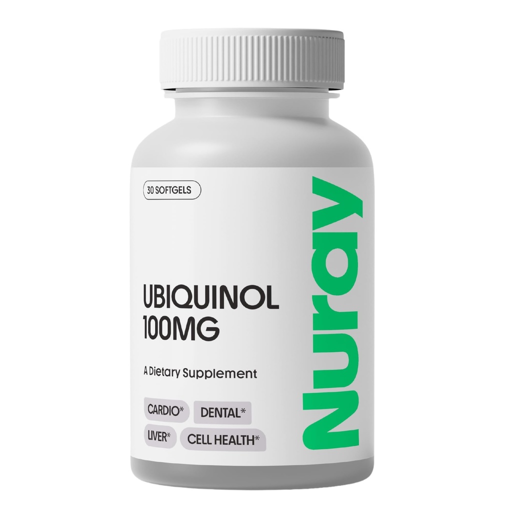 Nuray Ubiquinol 100mg Softgels, Formasi Aktif CoQ10 untuk Kesehatan Kardiovaskular dan Dental, Dukungan Imune Bebas Gluten-, Enhances Liver Health, 30 Count