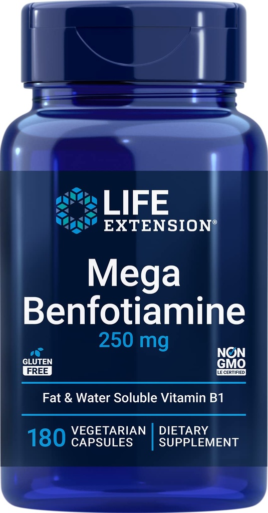 Ekstensi Hidup Mega Benfotiamine, 250 mg, 180 Veg caps dengan Thiamine - Vitamin B1 Suplemen