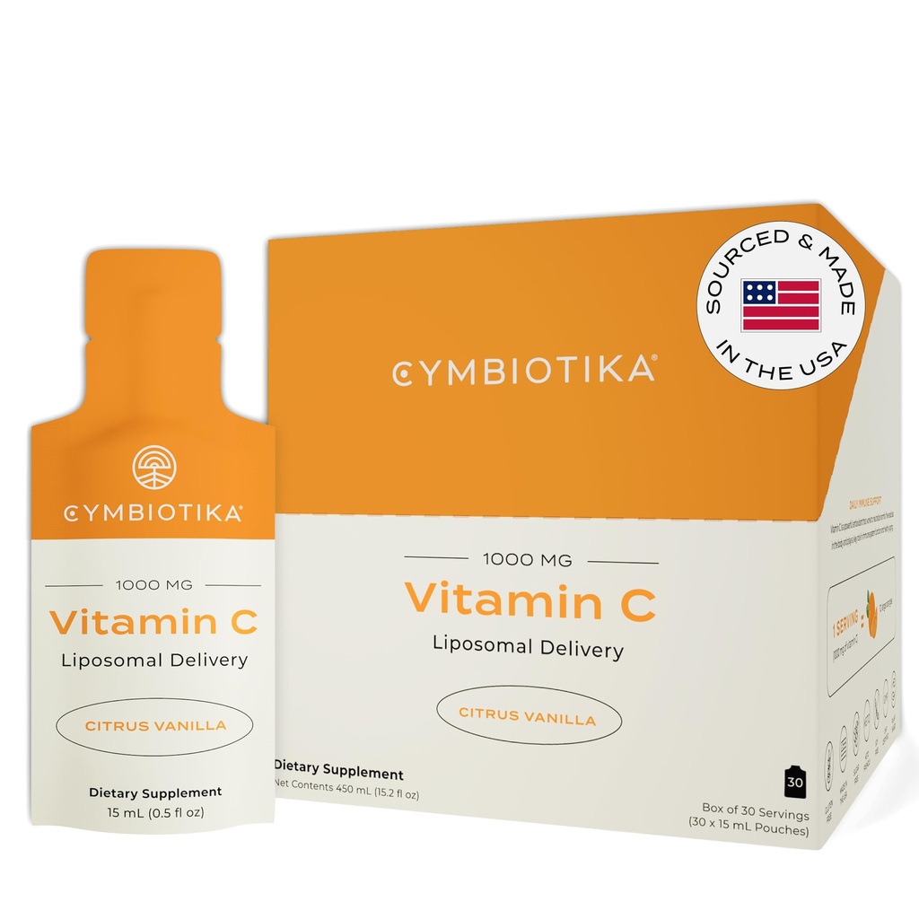 CYMBIOTIKA Vitamin C Individu Paket, Pengiriman Lipomal, Suplemen untuk Dukungan Imune, Collagen Boost, Penuaan & Sehat, Paket Hidration Skin, Citrus Vanilla Flavor, 30 Count