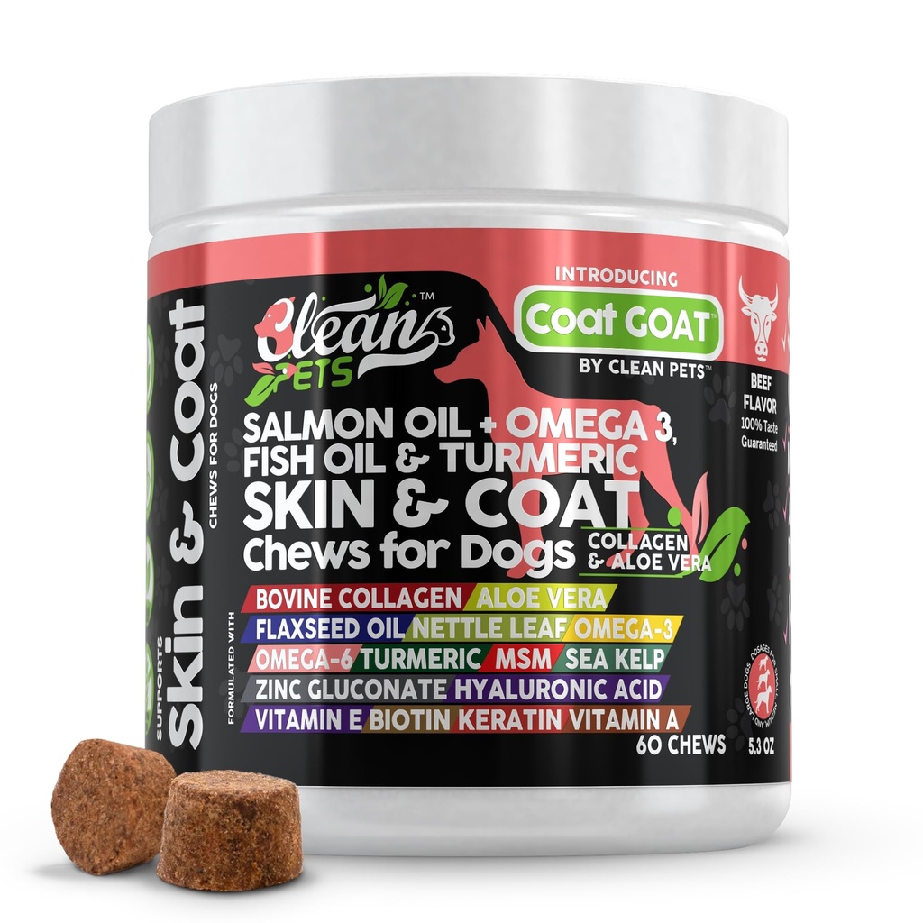 Salmon Oil Omega 3 Fish Oil for Dogs Skin and Coat Supplemen 124; Dog Collagen Aloe Vera Biotin Keratin Flaxseed Nettle Leaf Sea Kelp Hyauronic Acid Brewers Yeast Vitamin A - Coat Goat