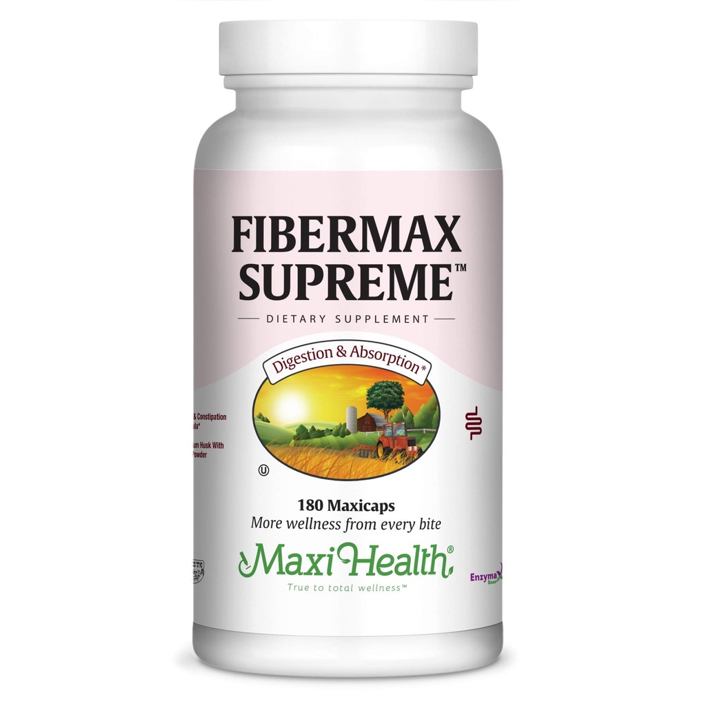 Maxi Health Fibermax Supreme - Fiber Capsules for Gentle Digetical and Gut Duck - Vegetarian Psyllium Hussules - Suplemen Fiber Kosher untuk Pria dan Perempuan (180 Count)