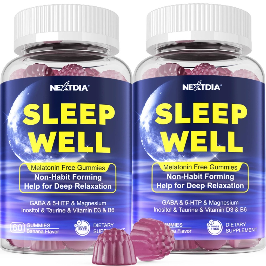 Melonain Free Sleep Gummies with Magnesium Glycinate, GABA, 5-HTP, L-Theanine, Valerian, Chamomile, Lemon Balm, Vitamin D3 & B6 - Hormone & Drug- Free, Non-Habit Forming, 2 Pack