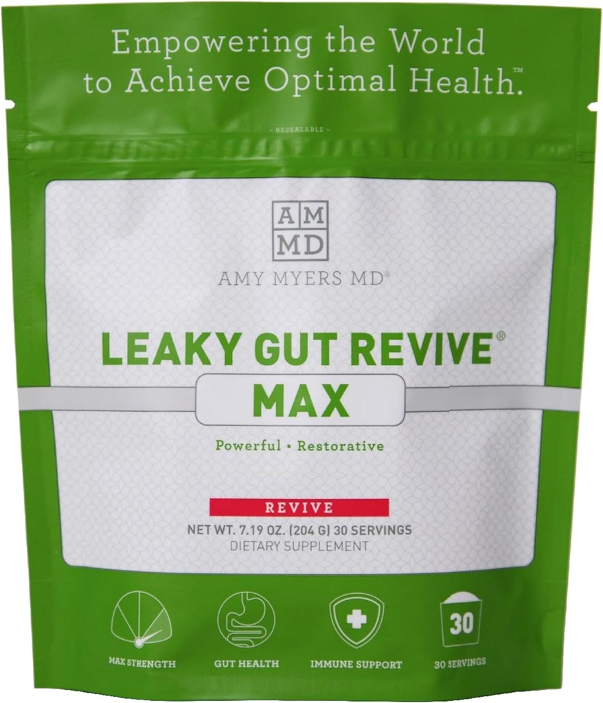 Amy Myers MD Leaky Gut Revive MAX Powder for Leaky Gut Repards "Impolent Glutamine Powder to Dustipation, IBS, DiBS, Bloating, Gas, SIBO" Plant Based Supplemen untuk Kesehatan Gut, 1 Bulan