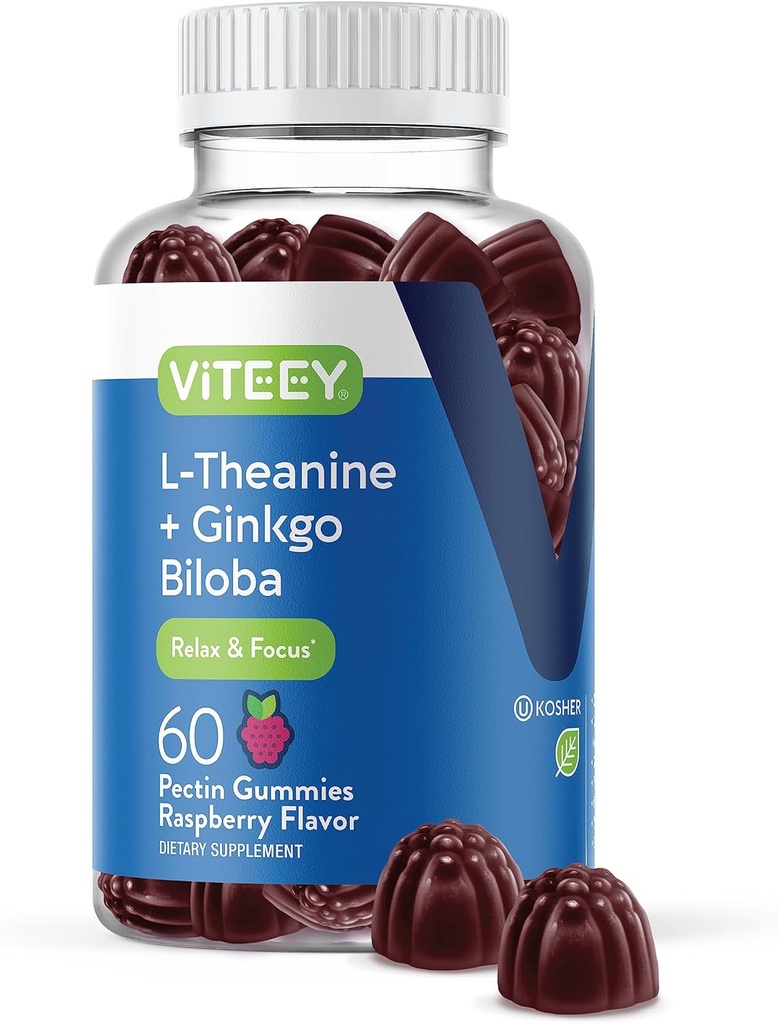 Viteey L-Theanine Gummies with Ginkgo Biloba for Dewata - Aids in Focus & Relax, Impreve Mood - Non GMO, Gelatin Free, Vegan, Gluten Free, Alamed Tasty Raspberry Flavored Gummy