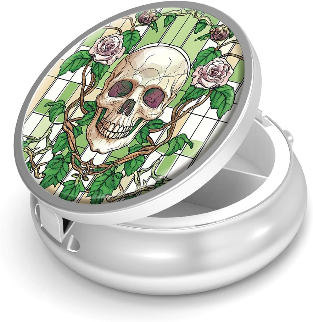 Pill Box-3 Comment Small Pill Case for Purse & Pocket Mini Metal Pill Travel Pill Container to Hold Suplemen Vitamins BPA- Free (Skull and Rose)