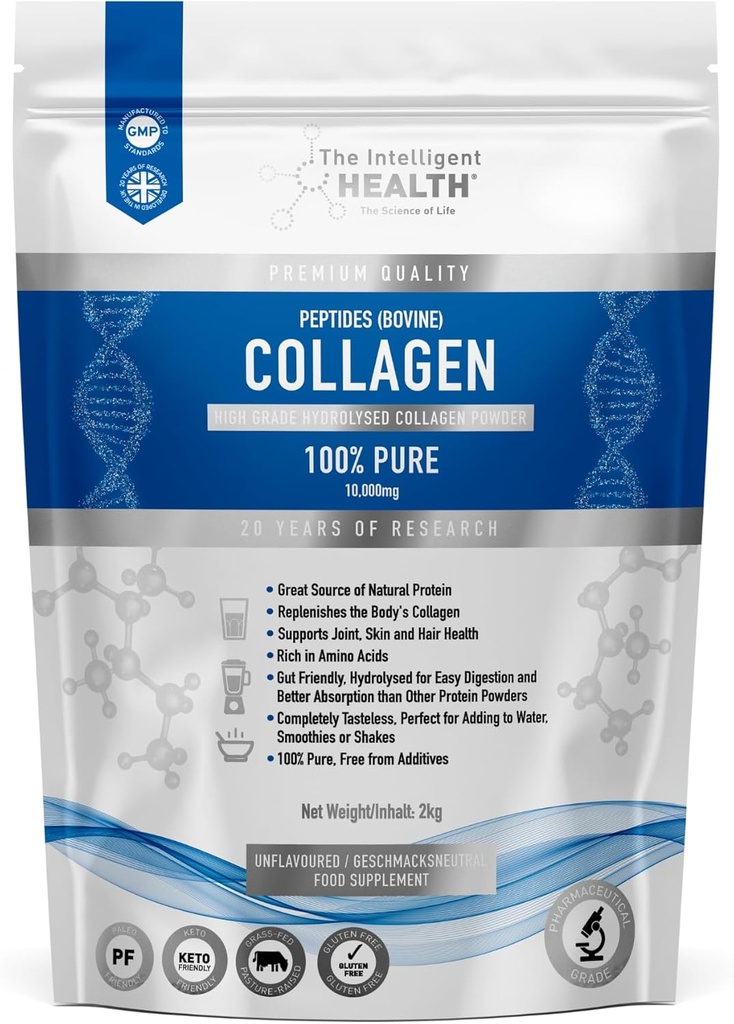 The Intelligent Health Hydrolyzed Collagen Peptides Powder, Grass Fed, High Protein, Unflashted, Gluten- Free, Paleo & Keto Friendly, 10g per Serving (2kg) Supports Skin, Hair, Nails, Joints, & Bones