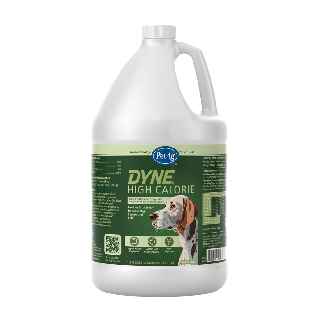 PetAg Dyne High Calorie Liquid Nuttration Suplement for Dogs & Pupies 8 Weeks and Older - 1 Gallon - Supports Performance and Endurance - Sweet Vanilla Flavor