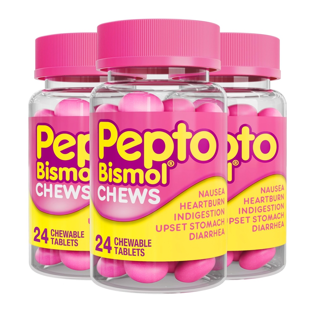Pepto Bismol Chews, Fast and Effective Digetical Relief from Nausea, Heartburn, Indibubles, Upset Stomach, Diare, 72 Total (3 Packs 24)