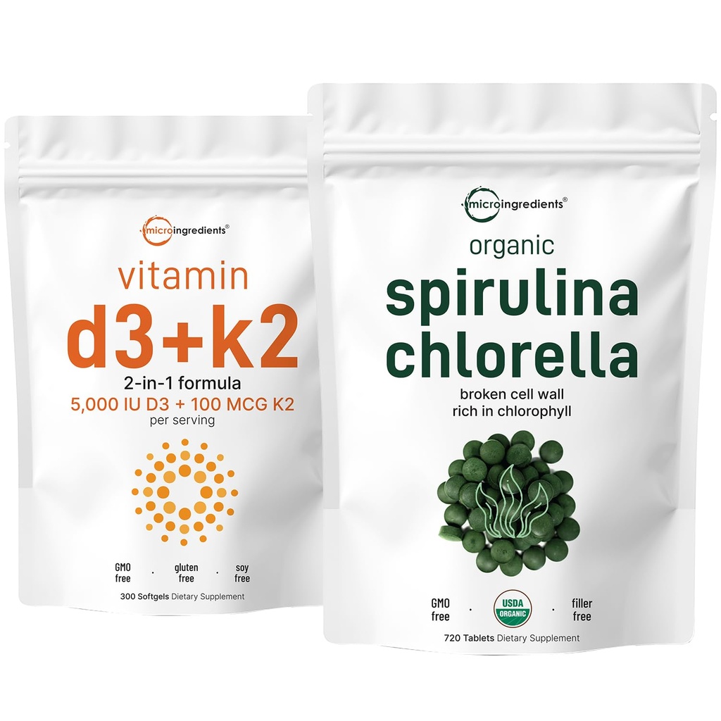 Mikro Ingredians Organik Chlorella Spirulina 3000mg Tablet & Vitamin D3 5000iu + K2 100mcg Bundle 2 Pack 124; Cracked Cell Wall, Rich in Vegan Protofil & Chlorofil 14l
