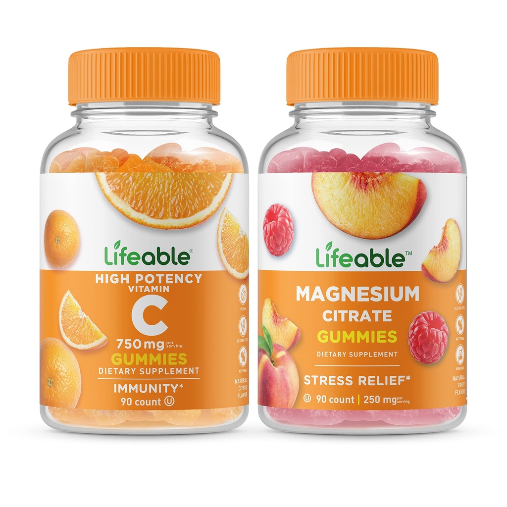Lifeable Vitamin C 750mg + Magnesium 85mg, Gummies Bundle - Great Tasting, Vitamin Suplemen, Gluten Bebas, GMO Bebas, Gummy Chewable