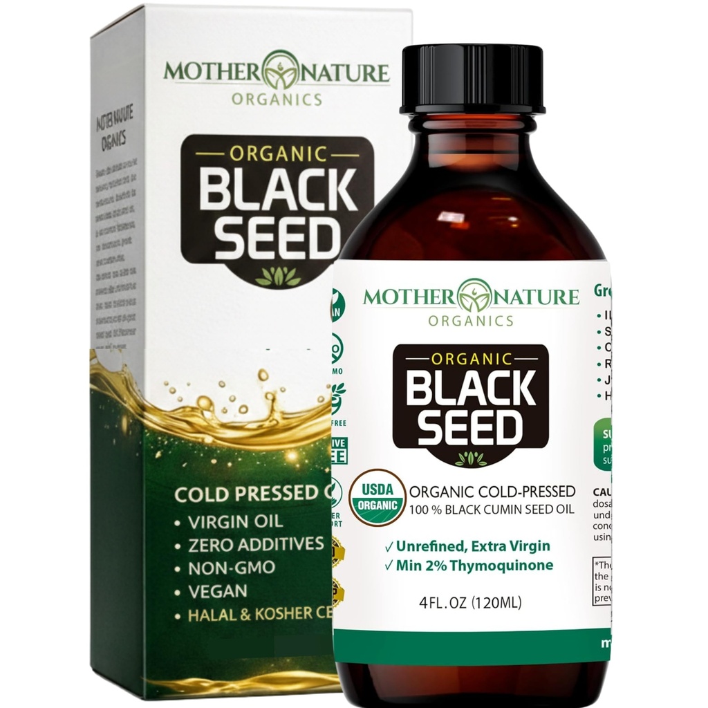 Ibu Alam USDA Organik Minyak Benih Hitam - Dingin Menekan, Unsoured & Vegan Nigella Sativa, Tinggi Thymoquinone (2% +), Omega 3 6 9 untuk Imune, Gabungan & Heart Dukungan, Rambut & Skin, NON-GMO, 4oz