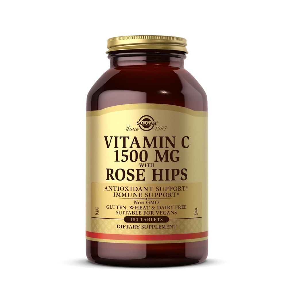 Solgar Vitamin C 1500 mg dengan Rose Hips, 180 Tablet - Antioksidant & Imune - Overall Health - Supports Healthy Skin & Joints - Non GMO, Vegan, Gluten Free, Dairy Free, Kosher