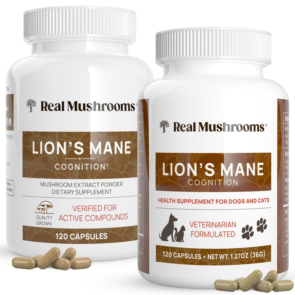 Jamur asli Lions Mane for Mane (120ct) dan Pets (120ct) - Bundle for Cognition & Imunity - Vegan, Non-GMO, Gluten- Free, Grain- Free Mushroom Extract Suplemen