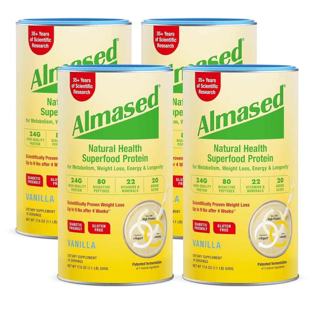 Almased Vanilla Meal Replacement Shake - Lower- Glycemic High Plant Base Protein Powder - Nuthering Weight Suplemen Kesehatan - Vanilla Flavor - 17.6 oz (1.1 Pound (4 Pack))