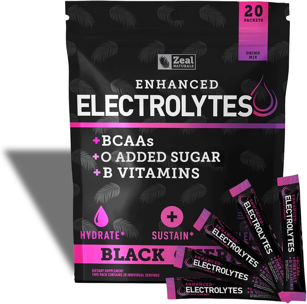Enhanced Electrolite Powder Stick Packs (Black Cherry 124; 20 Packets) w / 0 Sugar + BCAAs + B-Vitamin Electrolyte Suppplemen w Potasium Zinc & Magnesium for Hydration - Keto Electrolytes
