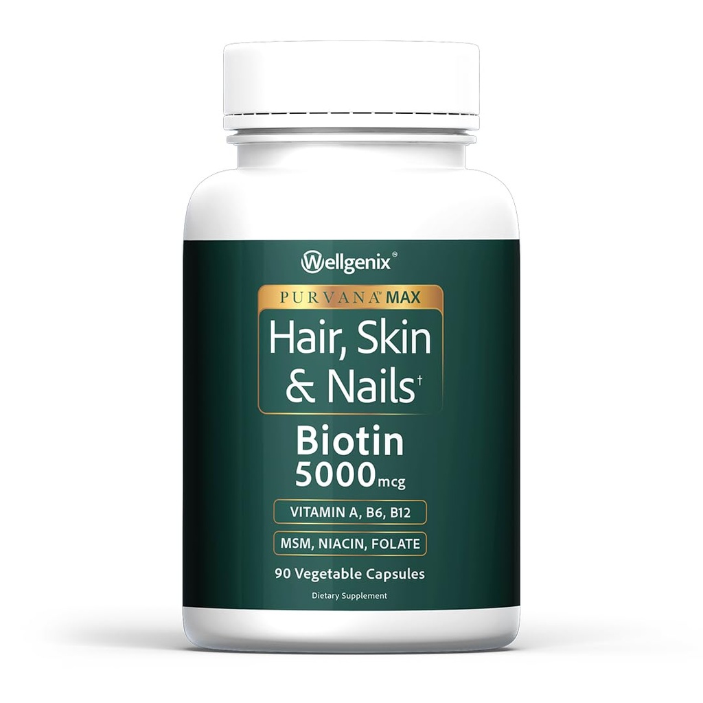 Wellgenix Purvana Max Hair, Skin & Nails Vitamin: Biotin 5000mcg untuk Perkembangan Rambut Enhanced, Pencegahan Rambut untuk Perempuan & Men, Vegan, Ideal untuk Post Partum & PCOS, 90 Count, Paket 1