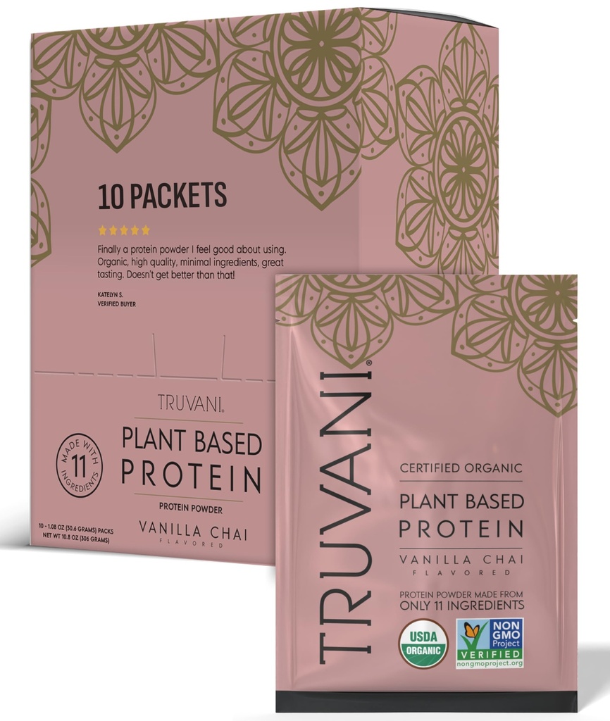 Tanaman Organik Truvani Vegan Pea Protein Powder 124; Vanilla Chai 124; 20g Tanaman Organik berbasis Protein 124; Pea Serving Single Pack 126; 10 Servings 124; Keto 124; Gluten & Dairy Free 124; Low Carb 124; No Added Sugar