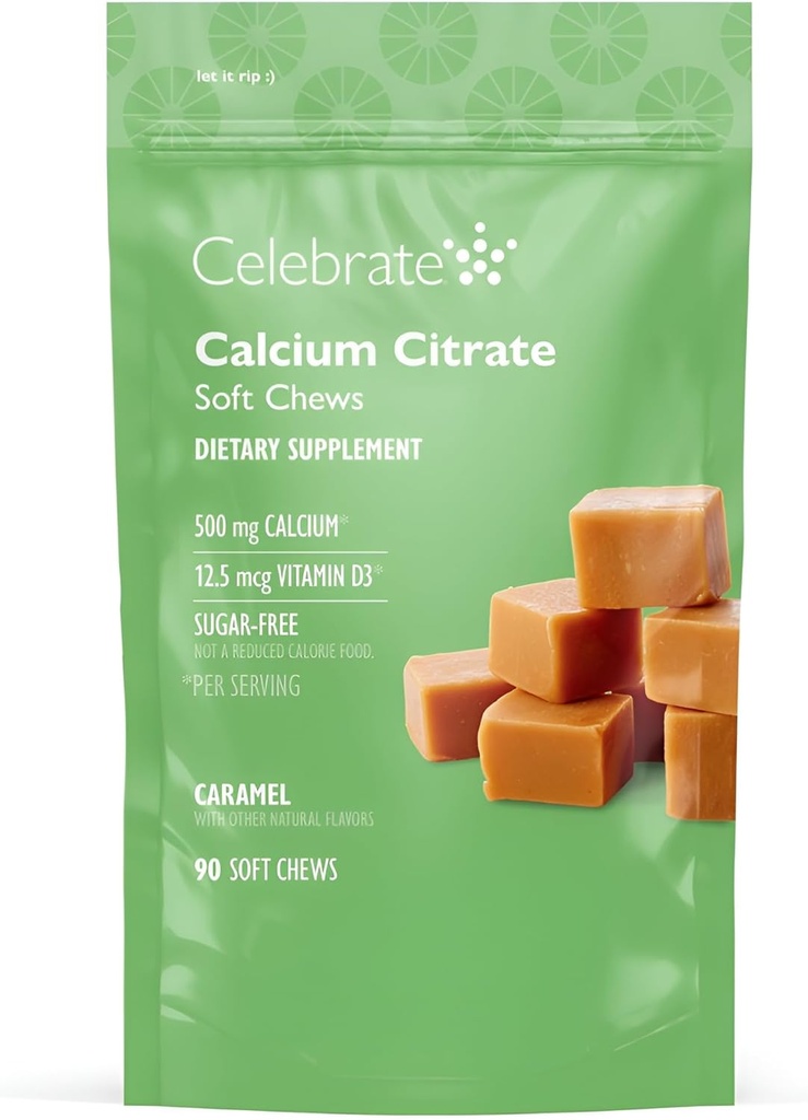 Merayakan Vitamin Baritric 500mg Calcium Citrate Soft Chews dengan 500 IU Vitamin D3 - Esculity for Gastric Bypass Patients & Bone Health - Sugar & Gluten Free, Caramel (90 Chews)