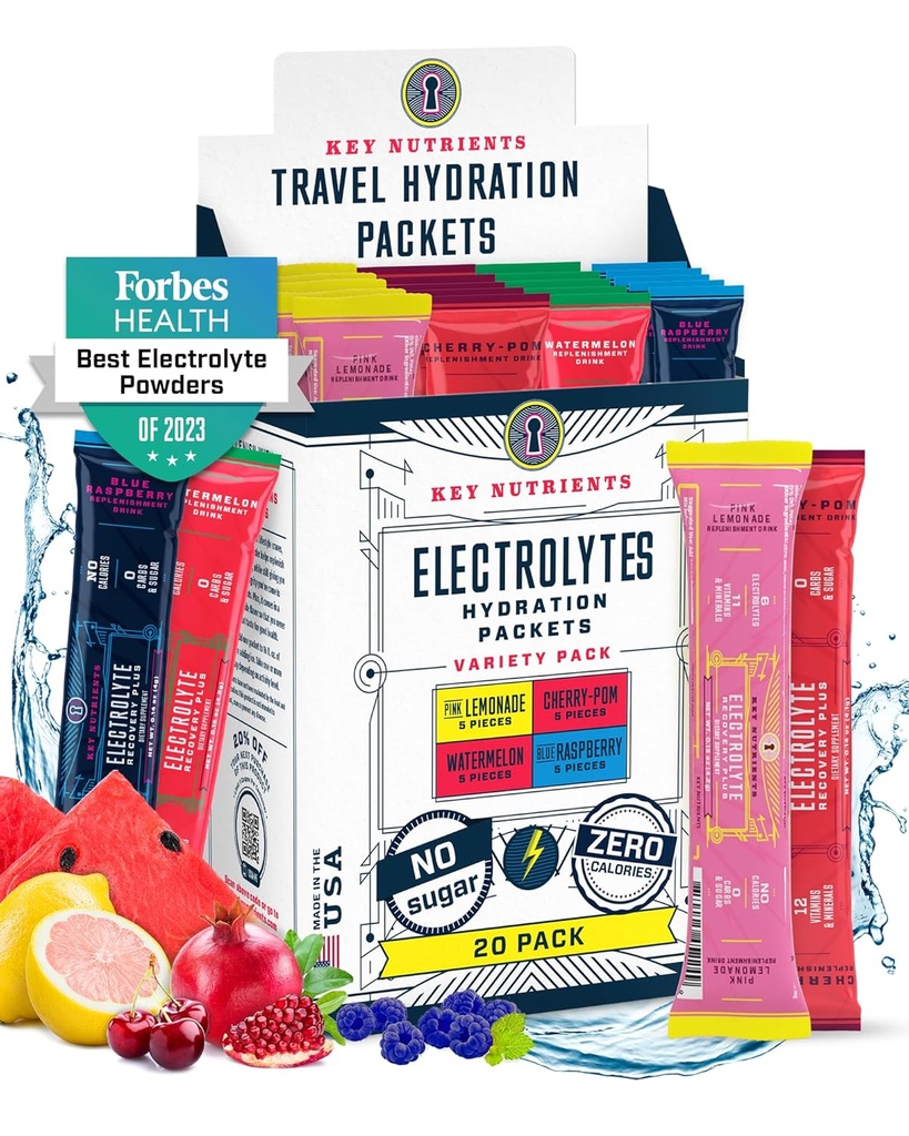 KEY NUTRIENTS Electrolytes Powder Paket No Sugar - 4 Deticious Flavors in Hydration Packet 20 Pack - Tidak ada Kalories, Gluten Free Electrolytes Pawder Pawder - Keto Friendly, Non GMO, dibuat di AS